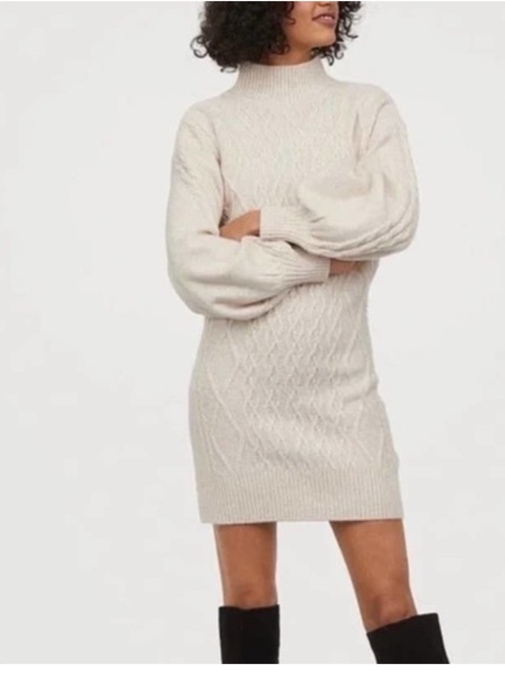 Cable Knit Mock Neck Sweater Dress - Cream XL